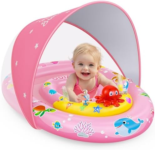 EZIGO Baby Pool Float with Canopy UPF50+ Sun Protection, Inflatable Kids Pool Floats with Ocean Animal Toys for Baby 6-36 Months, Infant Swimming Float with Adjustable Safety Seat for Boys Girls