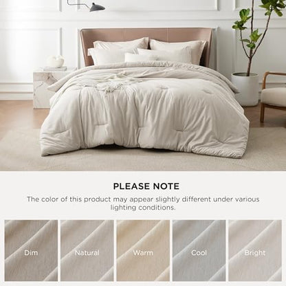 Bedsure Queen Comforter Set - Beige Comforter Queen Size, Soft Bedding for All Seasons, Cationic Dyed Bedding Set, 3 Pieces, 1 Comforter (90"x90") and 2 Pillow Shams (20"x26"+2")