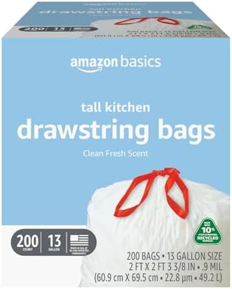 Amazon Basics 13 Gallon Tall Kitchen Drawstring Trash Bags, Clean Fresh Scnet, 10% Post Consumer Recycled, 200 Count