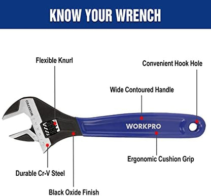 WORKPRO 2-Piece Adjustable Wrench Set, 6-Inch & 10-Inch Wide Jaw Black Oxide Wrench, Cr-V Steel, Metric & SAE Scales, Max Jaw Opening 15/16" & 1-5/16", for Home Repairs, Plumbing, Garage Work