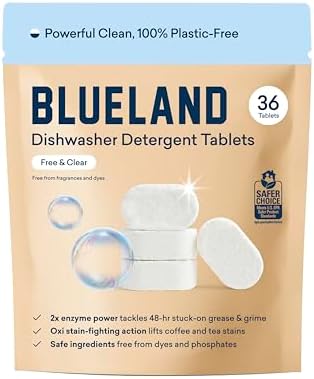 BLUELAND 100% Plastic-Free Dishwasher Detergent Tablets, 36 Count, Free & Clear, Eco-Friendly Dishwashing Pods, Natural, Sustainable