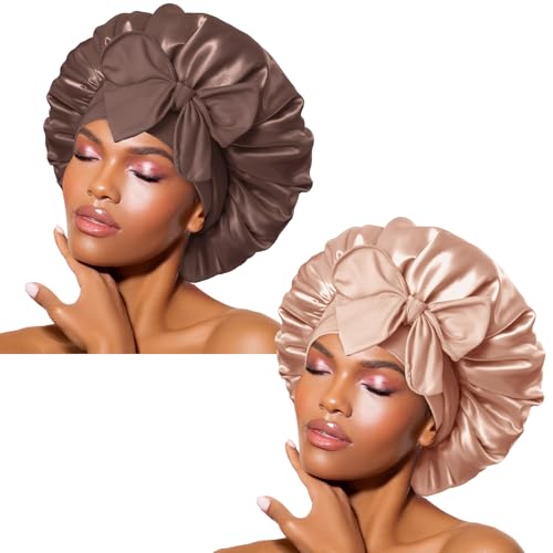 BONNET QUEEN 2Pcs Pack Silk Bonnet for Sleeping Satin Bonnet Hair Bonnet with Tie Band Sleep Bonnet Men Bonnet for Women Curly Hair Brown Champagne