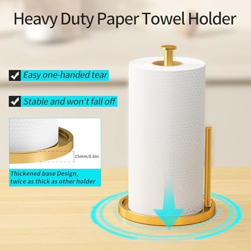 Paper Towel Holder Countertop, Standing Paper Roll Holder with Anti Slip Weighted Base, Stainless Steel Freestanding Paper Towel Holder for Kitchen, Gold