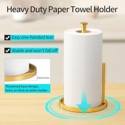 Paper Towel Holder Countertop, Standing Paper Roll Holder with Anti Slip Weighted Base, Stainless Steel Freestanding Paper Towel Holder for Kitchen, Gold