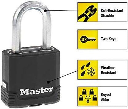 Master Lock Black Outdoor Key Lock, Heavy Duty Weather Resistant Padlock with Cover, Keyed Alike Padlocks for Outdoor Use, 4 Pack, M115XQLF