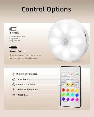 EZVALO 6-Pack Under Cabinet Lighting, Rechargeable Motion Sensor Puck Lights with Remote, 3 Color Temps &12 RG Colors, Magnetic Stick on Light, Dimmable Under Counter Lights for Kitchen, Shelf, Stair