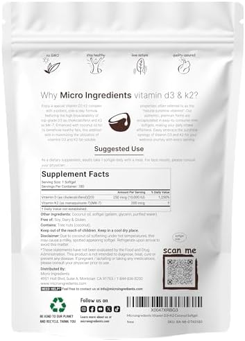 Micro Ingredients Vitamin D3 10,000 IU + K2 MK-7 200 mcg, 180 Softgels | Virgin Coconut Oil | 2-in-1 Bone, Immune & Heart Support | Easy to Swallow, Non-GMO