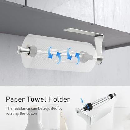 SetSail Paper Towel Holder, 2 Packs Single Hand Operable Paper Towel Holder Under Cabinet with Adjustable Damper Easy Tear Wall Mount Self-Adhesive or Drilled for Kitchen Bathroom, Silver