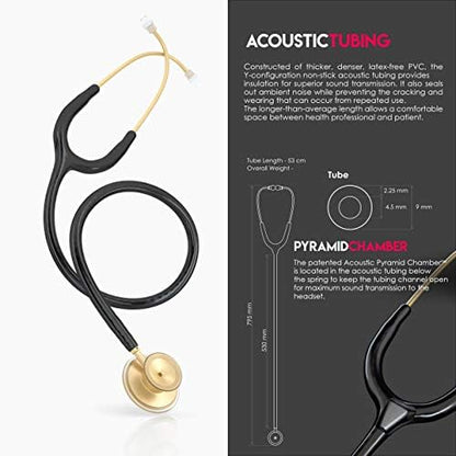 MDF Instruments, Acoustica Lightweight Stethoscope for Doctors, Nurses, Students, Home Health Use, Adult, Dual Head, Black Tube, Gold Chestpiece-Headset, MDF747XPK11