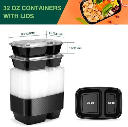 Glotoch Express 32oz Black Two-Compartment Square Meal Prep Containers, Food Storage Containers with Lids for Microwave Dishwasher Freezer Safe 300pack