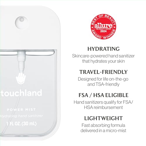 Touchland Power Mist Hydrating Hand Sanitizer Spray, DYE FREE Trio Set (Rainwater, Unscented, Beach Coco), 1 FL. OZ. Travel Size (Set of 3)