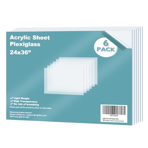 Egofine Plexiglass Sheets Acrylic Sheets 6 Pack of 24x36’’ 0.04 Thick Clear Plastic Cast Transparent Plexi Glass for Crafting Projects, Replacement Picture Frame Glass, DIY Display, Easy to Cut