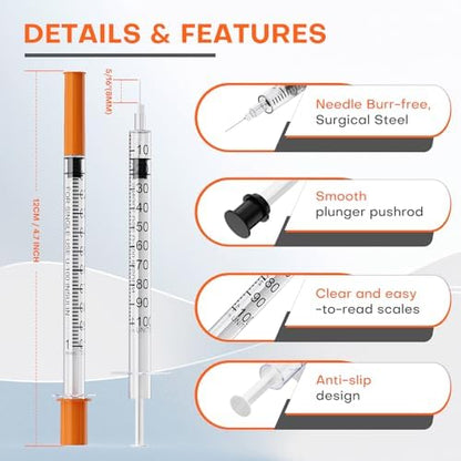 Insulin Syringe U-100 | 1cc with 31G 5/16" (8mm) Needle, Pack of 100