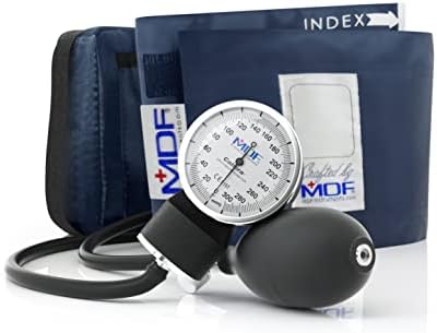 MDF Instruments, Calibra Aneroid Premium Professional Sphygmomanometer, Blood Pressure Monitor with Adult Cuff & Carrying Case, Lifetime Calibration, White Dial, Navy Blue Cuff, MDF808M04
