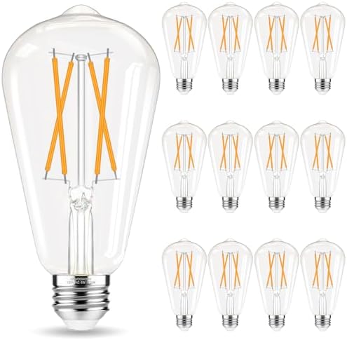 Edison Bulbs, E26 LED Bulb 60 watt Equivalent, Non-Dimmable, Soft White 2700K, ST58 Vintage Light Bulbs, 90+ CRI, 6W 600LM, E26 Medium Base, Clear Glass, 12 Pack