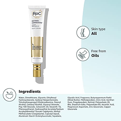 RoC Retinol Correxion Deep Wrinkle Anti-Aging Night Cream, Daily Face Moisturizer with Shea Butter, Glycolic Acid and Squalane, Skin Care Treatment, 1 Ounces (Packaging May Vary)