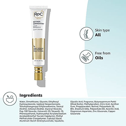 RoC Retinol Correxion Deep Wrinkle Anti-Aging Night Cream, Daily Face Moisturizer with Shea Butter, Glycolic Acid and Squalane, Skin Care Treatment, 1 Ounces (Packaging May Vary)