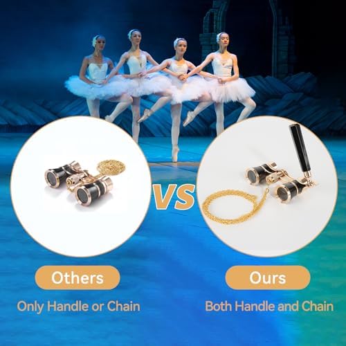 3X25 Opera Glasses for Women with Adjustable Handle & Chain,BK7 Optical Lens, Vintage Compact Mini Theater Binoculars Adults Kids in Opera Musical Concert-Black