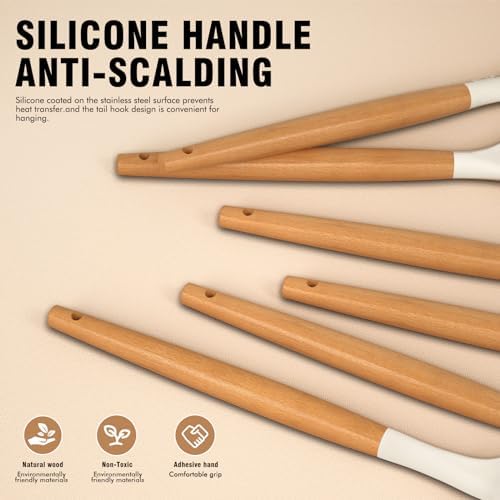 Silicone Cooking Utensils Set - Silicone Kitchen Utensils for Cooking Wooden Handles, 446°F Heat Resistant Kitchen Utensil Spatula Sets w Holder, Gadgets for Non-Stick Cookware BPA FREE (Cream White)