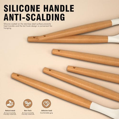 Silicone Cooking Utensils Set - Silicone Kitchen Utensils for Cooking Wooden Handles, 446°F Heat Resistant Kitchen Utensil Spatula Sets w Holder, Gadgets for Non-Stick Cookware BPA FREE (Cream White)