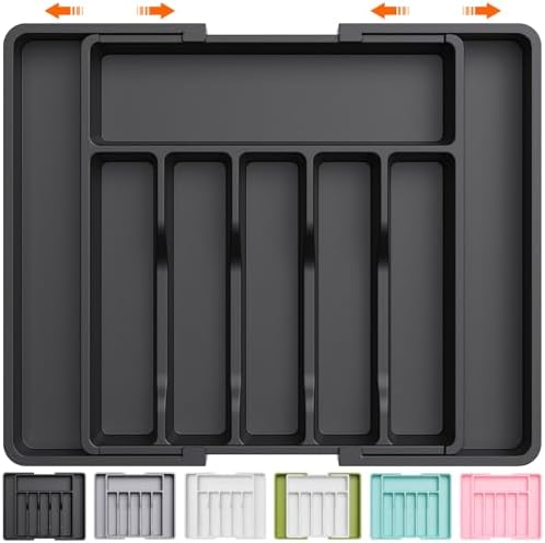 Lifewit Large Silverware Drawer Organizer, Expandable Utensil Tray for Kitchen, BPA Free Flatware and Cutlery Holder, Adjustable Plastic Storage for Spoons Forks Knives, Large, Black