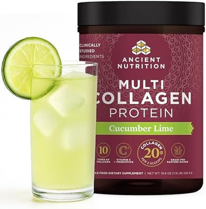 Ancient Nutrition Collagen Powder Protein, Multi Collagen Protein, Cucumber Lime, Hydrolyzed Collagen Peptides Supports Skin and Nails, Joint Supplement, 18.6oz