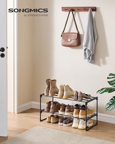 SONGMICS Shoe Rack, 2-Tier Shoe Organizer, Metal Storage Shelf, Upright or Upside Down, for 6-9 Pairs, Stackable, for Entryway, 11.8 x 26.8 x 13.2 Inches, Black ULSA202B01