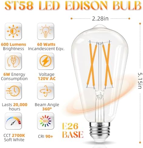 Edison Bulbs, E26 LED Bulb 60 watt Equivalent, Non-Dimmable, Soft White 2700K, ST58 Vintage Light Bulbs, 90+ CRI, 6W 600LM, E26 Medium Base, Clear Glass, 12 Pack