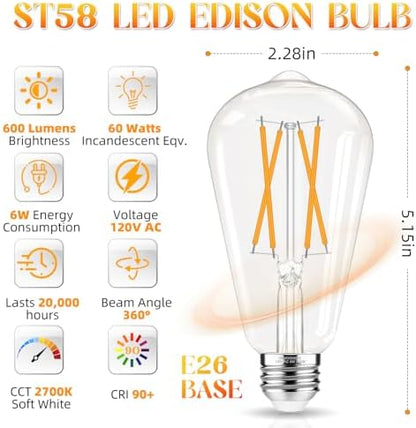 Edison Bulbs, E26 LED Bulb 60 watt Equivalent, Non-Dimmable, Soft White 2700K, ST58 Vintage Light Bulbs, 90+ CRI, 6W 600LM, E26 Medium Base, Clear Glass, 12 Pack