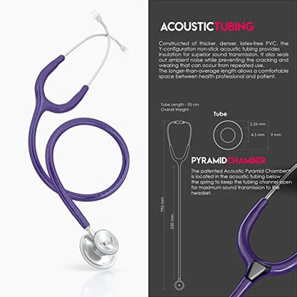 MDF Instruments, Acoustica Lightweight Stethoscope for Doctors, Nurses, Students, Home Health Use, Adult, Dual Head, Purple Tube, Silver Chestpiece-Headset, MDF747XP08