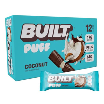 Built Bar, Puff Protein Bars, Coconut Puff, 17g Protein Snacks, On-The-Go Bars, Only 140 Calories, 6g Sugar, Collagen, Gluten Free, 12 Count