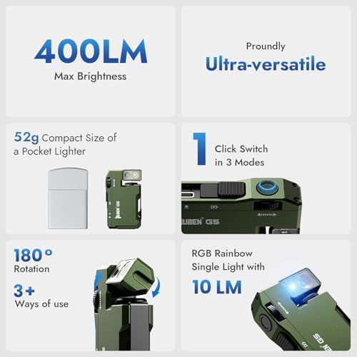 WUBEN G5 Rechargeable EDC Flashlight, Powerful RGB Flashights, 400 Lumens Portable Flat Mini Flashlights, IP68 Waterproof Multi-Mode Magnetic Small Keychain Flashlight for Camping, Emergency (Green)