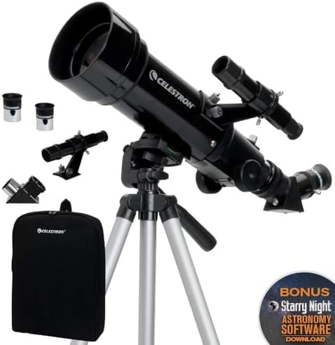 Celestron Travel Scope 70 Portable Refractor Telescope – 70mm Aperture, Fully-Coated Glass Optics – Includes Tripod, Backpack & Software – Ideal for Beginners & Travel