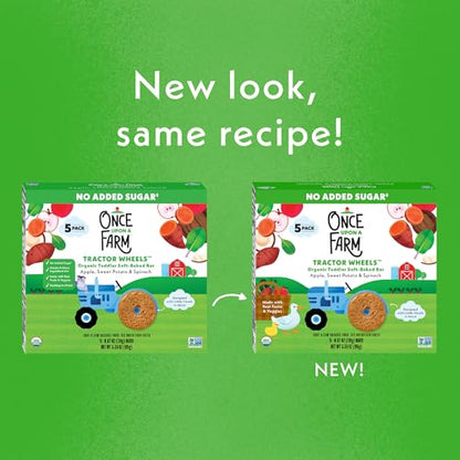 Once Upon a Farm | Organic Toddler Soft-Baked Bar Tractor Wheels | Apple, Sweet Potato & Spinach | Made with Real Fruit & Veggies | No Added Sugar | 8 Boxes