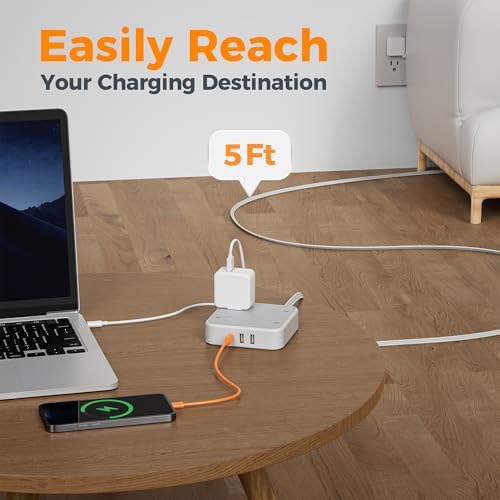 Surge Protector Flat Extension Cord 5Ft, TESSAN Flat Plug Power Strip with 4 Outlets 3 USB Ports (1 USB C), 900 Joules Protection, Multiple Wall Outlet Extender Suitable for Home Office Dorm, Grey