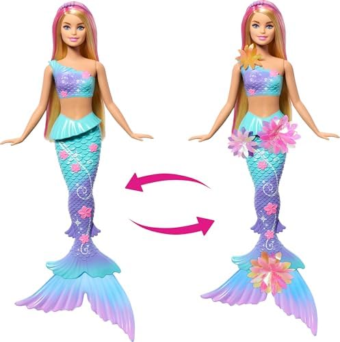 Barbie Mermaid Toy Dolls with Surprise Magic Blooming Flowers Feature, Ombre Tails, Pearl Headband Accessory & Long Blonde Hair with Pink Highlights