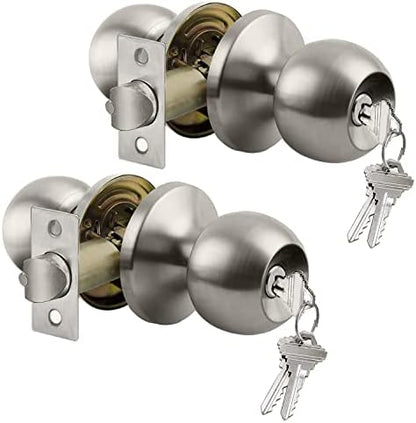 BESTTEN [2 Pack] Entry Door Knob with Lock, Keyed Different Door Lock for Exterior Door and Front Door, Standard Ball, Satin Nickel