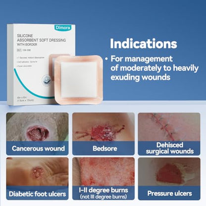 Dimora Silicone Super Absorbent Wound Dressings - Gentle Adhesive Bandages with Ultrasorb Polymer,Heavy Exudate Wound Care Pads 6"X 6" 10 Packs