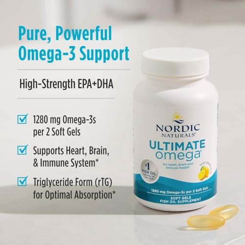 Nordic Naturals Ultimate Omega, Lemon Flavor - 90 Soft Gels - 1280 mg Omega-3 - High-Potency Omega-3 Fish Oil Supplement with EPA & DHA - Promotes Brain & Heart Health - Non-GMO - 45 Servings