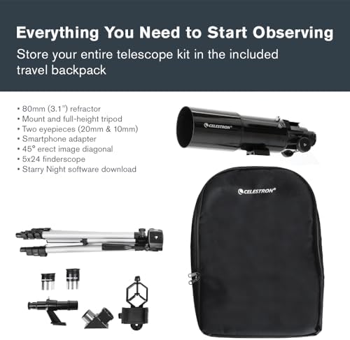 Celestron Travel Scope 80 Portable Refractor Telescope – 80mm Aperture, Fully-Coated Glass Optics – Includes Tripod, Smartphone Adapter, Backpack & Software – Ideal for Beginners & Travel