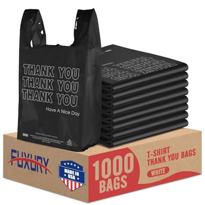 Fuxury 1000 Count Thank You Plastic Bags Black (12" x 6.5" x 21"), T-shirt, Grocery, Take Out, To Go,Restaurants, Retail Shopping Bags in Bulk for Small Business (Made in USA)