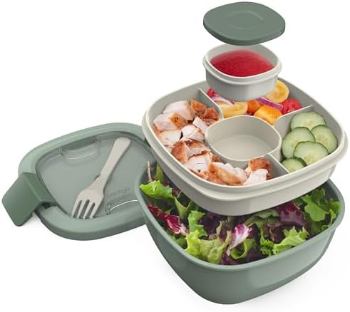 Bentgo Salad Container - 54 oz Bowl with 4-Compartment Toppings Tray, Leak-Proof Dressing Container, Reusable Fork, BPA-Free Lunch Box for Meal Prep & Food Storage; Removable Bento Tray (Khaki Green)