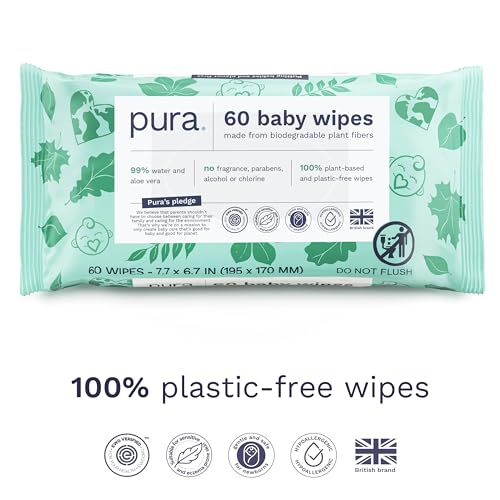 Pura Natural Sensitive Baby Wipes, 99% Water, Unscented & Hypoallergenic, Suitable for Sensitive & Eczema-prone Skin, Hypoallergenic, EWG Verified, 10 Pack of 60 Wet Wipes (600 Diaper Wipes) Bulk Buy