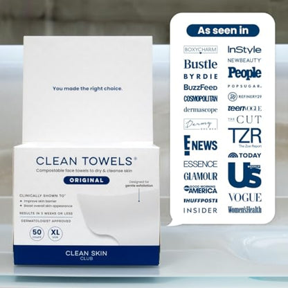 Clean Skin Club Clean Towels XL™️, 100% USDA Biobased Face Towel, Disposable Face Towelette, Eczema Association Accepted, Makeup Remover Dry Wipes, Ultra Soft, 150 Ct, 3 Pack