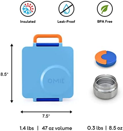 OmieBox Bento Box for Kids - Insulated Bento Lunch Box with Leak Proof Vacuum Insulated Food Jar - 3 Compartments, Two Temperature Zones (Blue Sky)