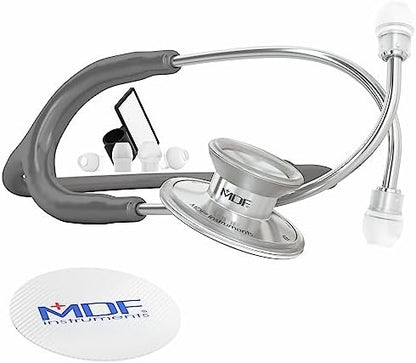 MDF Instruments, Acoustica Lightweight Stethoscope for Doctors, Nurses, Students, Home Health Use, Adult, Dual Head, Grey Tube, Silver Chestpiece-Headset, MDF747XP12