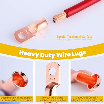 TKDMR 264 PCS Battery Cable Ends Kit,132 PCS AWG 8 6 4 2 1/0 2/0 Heavy Duty Copper Wire Lugs Ring Terminals,Battery Cable Lugs Eyelets Terminal Connectors with 132 PCS 3:1 Heat Shrink Tubing