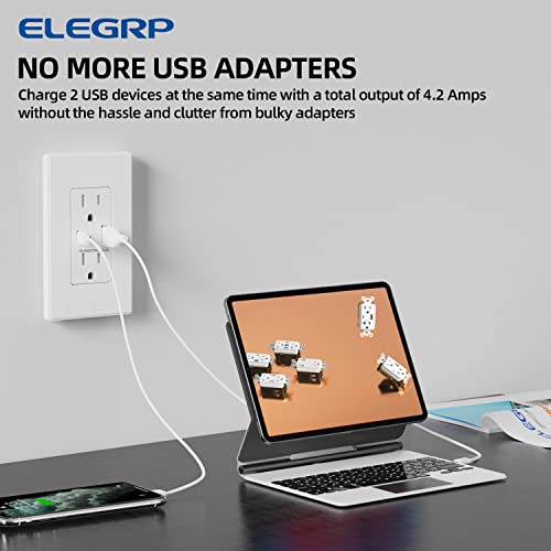 ELEGRP USB Outlets, 15 Amp Wall Outlet with USB Ports, 21W USB Outlets Receptacles with Type A & Type C Ports, Tamper Resistant Receptacle, Wall Plate Included, Ul Listed (6 Pack, Matte White)