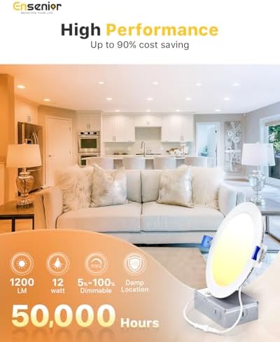 Ensenior 12 Pack 6 Inch LED Recessed Ceiling Light, Dimmable, 2700K-5000K 5CCT, 1200LM 12W 120V, High Brightness Canless Wafer Downlight - ETL&FCC&IC