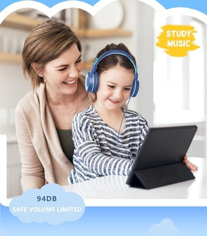 Upgrade USB Type C Kids Headphone for School, 94dB Safe Volume Limited, HD Stereo Sound, Foldable Lightweight On-Ear Headphones for Boys/Girls/Students/Tablet/Travel (Dark Blue)